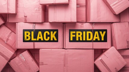 Bold Black Friday sale sign with pink boxes in the background