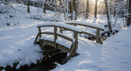 Small wooden bridge covered in snow spans a narrow stream in winter.