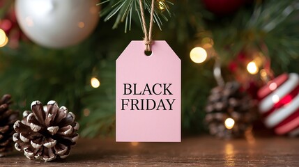Christmas-themed Black Friday sale tag with pine cones and holiday decorations