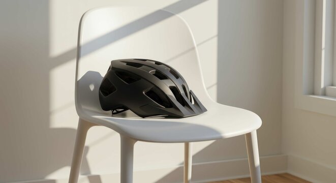 Black bicycle helmet on white chair near window with sunlight indoors.
