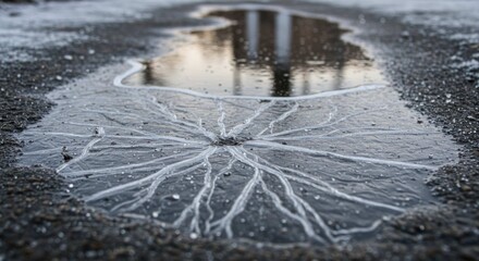 Icy puddle on asphalt surface shows radial ice crystal pattern.