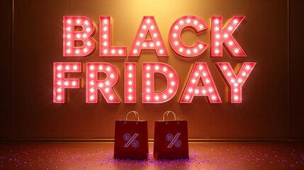 Festive Black Friday sale with illuminated marquee letters and shopping bags