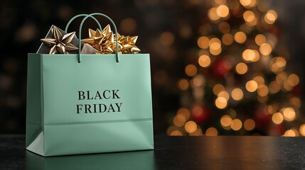 Festive Black Friday shopping bag with gift bows and Christmas tree lights in the background