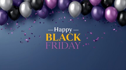 Happy Black Friday greeting with balloons and confetti in festive colors