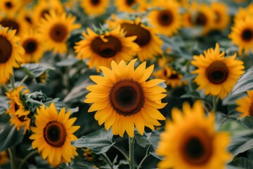 Fototapeta premium Bright yellow sunflowers blooming in a field during summer
