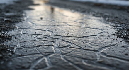 Obraz premium Cracked ice covers a road surface with blurred background.