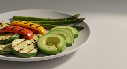 Grilled vegetables including zucchini avocado and asparagus on a white plate.
