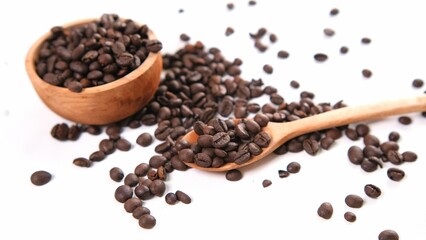Coffee Bean Still Life: Rustic Bowl and Wooden Spoon on White