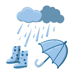 Rainy Day Set: collection of rainy weather accessories: rubber boots, umbrella, cloud and raindrops. Light blue palette, isolated design elements on white background. Hand-drawn in simple style
