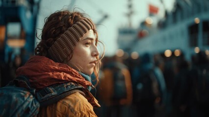 A young woman in a warm orange jacket stands with a backpack, gazing at a busy port filled with people. Ships sway softly, creating a feeling of adventure.