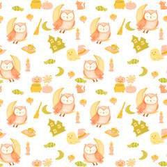 Cute Watercolor Halloween Owl Pattern with Ghosts and Pumpkins