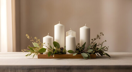 Cozy christmas candles with eucalyptus and greenery on wooden tray, warm neutral background, soft light, minimalist festive home decor.
