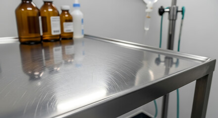 Fototapeta premium Veterinary examination table with medical supplies in a clinic setting.