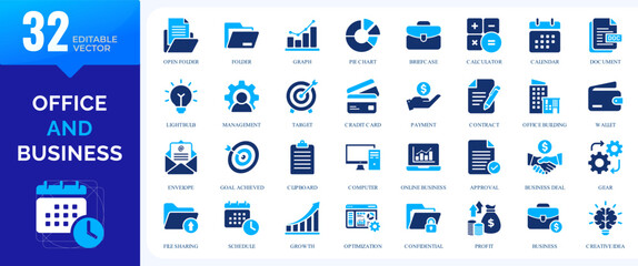 Office and Business Flat Icons Set. Professional Solid Vector Collection Featuring Work,  Company, Team, Finance, and Corporate Fill Icon Elements for Modern Design Projects