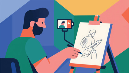 Illustration Of An Artist Live-Streaming A Drawing Session Vector Design Template
