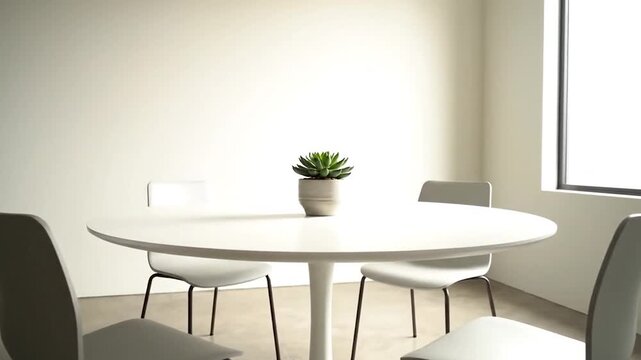 Modern minimalist dining or meeting room interior with bright white table and chairs featuring a small green plant decoration
