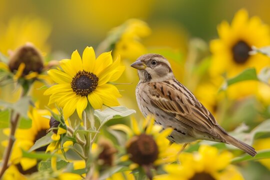 Italian sparrow perched on a sunflower in a field of blooming yellow sunflowers, enjoying the summer season