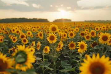 Obraz premium Beautiful sunflowers blooming in a vast field during a golden sunset, creating a picturesque landscape