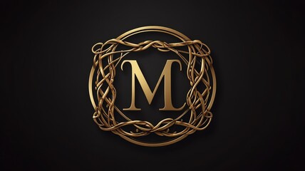 Elegant golden letter M monogram within a decorative circular frame on a dark background.
