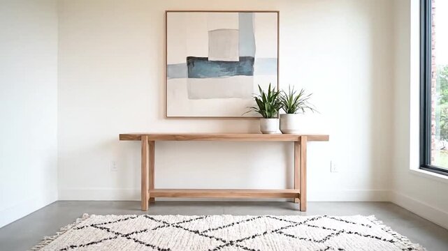Modern minimalist entryway interior design home decor with abstract art and green plants on wooden console table