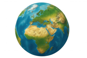 Earth globe showing european and african continents with topography and bathymetry on transparent background