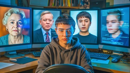 A young programmer sits before multiple monitors displaying faces with scanning data, illustrating a concept of modern digital surveillance - Powered by Adobe