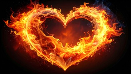 Fototapeta premium A vibrant, fiery heart design with flames and smoke symbolizes burning love and passion with a blazing red glow