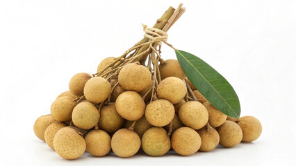 A bunch of fresh longan fruit isolated on white background, a tropical fruit with a sweet and slightly musky flavor