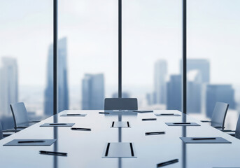 Modern conference room with city skyline view