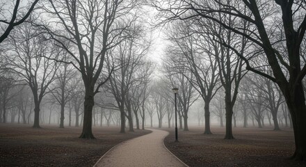 Obraz premium Winding path through bare trees in a foggy outdoor park setting.