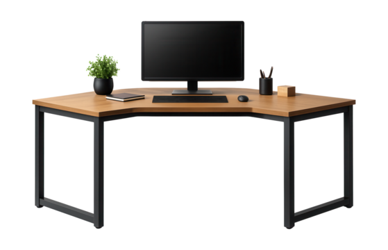 Corner desk with cable management for a neat look in a tech workspace.