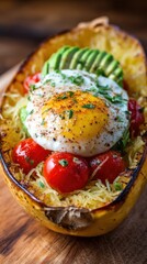 Fototapeta premium Baked spaghetti squash with avocado, cherry tomatoes, and fried egg garnish