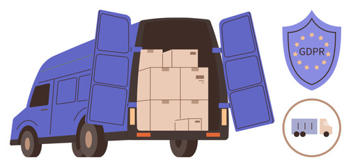 Open delivery truck loaded with boxes, GDPR compliance shield, and logistics icon. Ideal for data protection, transport security, logistics, delivery services, shipping, privacy and online commerce