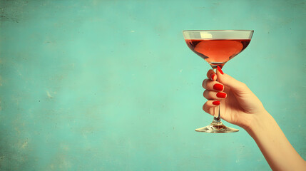 Elegant woman’s hand holding drink glass, 1970s inspired minimalist retro illustration symbolizing sophistication, leisure, and classic cocktail. Close up