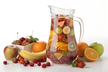 Mixed fruit juice jug with gooseberries isolated on seamless white