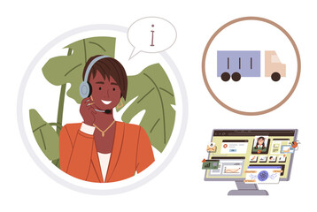 Smiling agent with headset, speech bubble, delivery truck icon, and digital screen. Ideal for customer service, logistics, communication, e-commerce operations remote work tech use. Simple flat