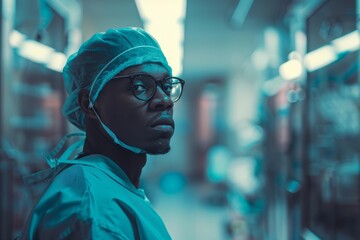 Portrait of a confident surgeon wearing scrubs, protective cap, glasses, and mask in a hospital operating room