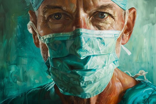 Close up oil painting of a surgeon wearing a surgical mask, conveying focus and determination in the operating room