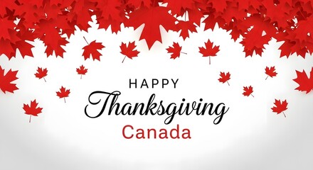 Happy thanksgiving canada text with red maple leaves falling on a white background, isolated on white background