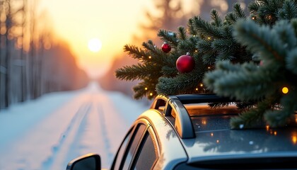 Car with Christmas tree on roof driving down snowy road at sunset  