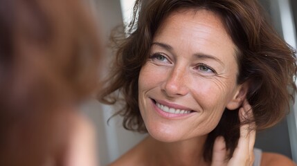 Naklejka premium A middle-aged woman looks in the mirror, smiling confidently, with some wrinkles.