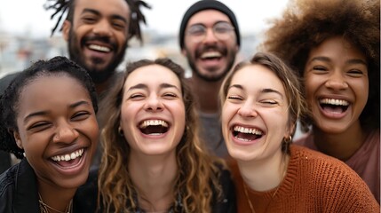 Obraz premium multi-ethnic group of friends laughing together, real skin tones, diversity, daylight