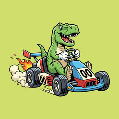 Cartoon T-Rex Dinosaur Racing Go-Kart with Flames