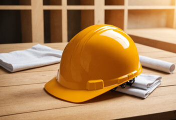 Illustration construction helmet on a wooden table