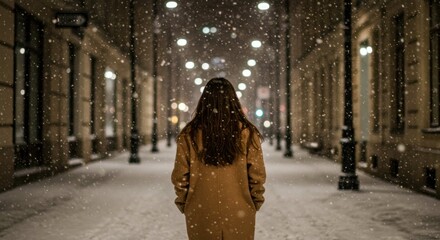 Woman walks down a snow-covered street at night illuminated by streetlights.