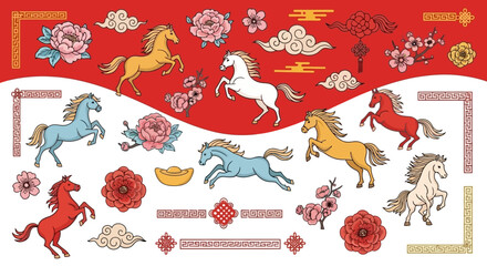 Chinese New Year Horses and Floral Decorations Collection