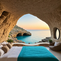Modern Illustration Luxurious bedroom inside a green stone cave with minimalist decor