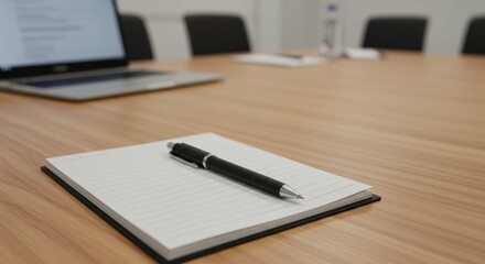 Notepad and pen on a wooden table with a laptop in the background.