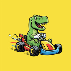 Smiling T-Rex Dinosaur Racing in a Bright Yellow Go-Kart