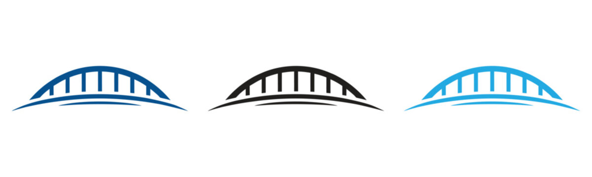 Vibrant bridge icons for modern logo design projects,Modern bridge icons in black, blue and orange colors,Iconic bridge designs in black, blue, and orange outline